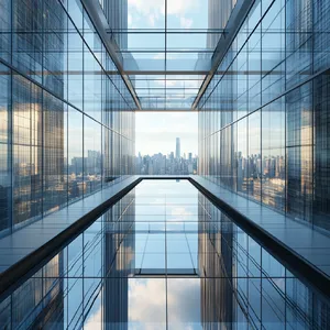 Photorealistic rendering of a contemporary glass skybridge between two skyscrapers, seen from inside with city views visible through glass walls and floor. Show accurate reflections and structural details. - Midjourney Midjourney V6.1