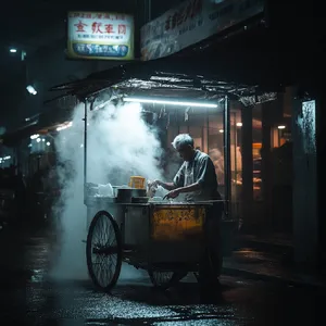 Rain-slicked Singapore street, 3 AM. A lone elderly hawker cleans his cart under one flickering fluorescent light. Steam rises gently. Low-angle shot, photorealistic - Midjourney Midjourney V6.1