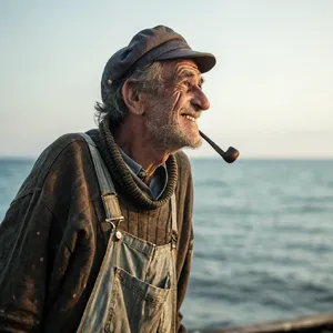 A 4K photo of an old fisherman with a weathered face and a pipe, grinning. - Recraft Recraft V3