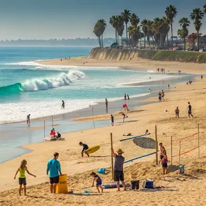 A beach scene: adults playing volleyball, kids building sandcastles, and surfers riding waves. - Recraft Recraft V3