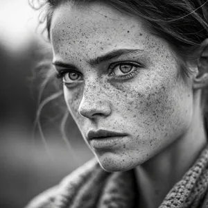 A black and white close-up portrait of a freckled woman with an intense gaze. - Recraft Recraft V3