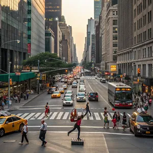 A busy city intersection with cars, pedestrians, and street performers all in one frame. - Recraft Recraft V3