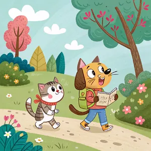 A cartoon of a cat and a dog on an adventure, drawn in a colorful 2D style. - Recraft Recraft V3