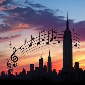 A city skyline that forms the shape of musical notes on a staff, created in a stylized graphic design aesthetic with clean architectural lines and dramatic twilight colors. - Recraft Recraft V3