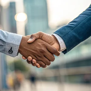 A close-up of two people shaking hands, both hands fully visible with five fingers each, in sharp focus against a blurred background. - Recraft Recraft V3