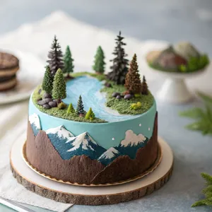 A dessert cake that looks like a tiny planet, complete with miniature trees and mountains, photographed in a professional food photography style with tilt-shift focus effect. - Recraft Recraft V3