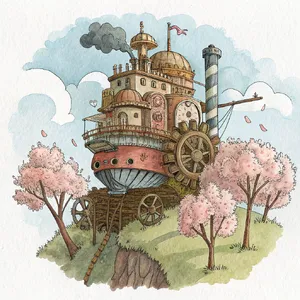 A floating steampunk castle in the sky with intricate mechanical gears and cherry blossom trees, illustrated in Hayao Miyazaki's Castle in the Sky (1986) art style with watercolor textures and detailed line work. - Recraft Recraft V3