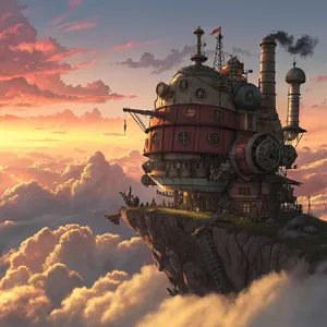 A flying castle floating in clouds at sunrise. Match the visual aesthetic of 'Howl's Moving Castle' by Studio Ghibli, with Miyazaki's blend of steampunk elements and fantasy. - Recraft Recraft V3