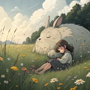 A girl and a giant fluffy creature napping in a wildflower meadow. Reproduce the art style of 'My Neighbor Totoro' by Studio Ghibli, with Miyazaki's soft character designs. - Recraft Recraft V3