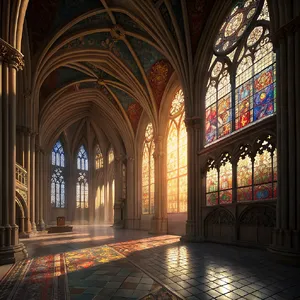 A Gothic cathedral interior at sunset with light streaming through detailed stained glass windows, creating colored patterns on stone floors and columns. Show accurate ribbed vaulting. - Recraft Recraft V3