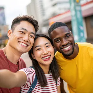 A group selfie of three friends of different ethnic backgrounds smiling at the camera. - Recraft Recraft V3