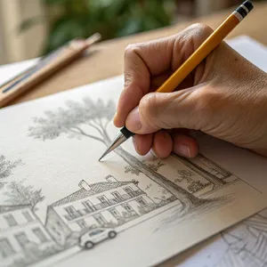 A hand drawing a sketch on paper with a pencil, the hand and pencil tip in clear focus. - Recraft Recraft V3