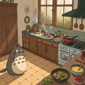 A kitchen with magical cooking implements preparing breakfast. Duplicate the artistic style of Studio Ghibli's domestic scenes, with Miyazaki's detailed settings and warm lighting. - Recraft Recraft V3