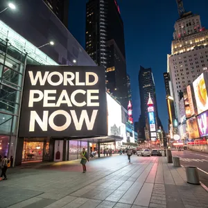 A large storefront billboard at Times Square displaying the slogan “WORLD PEACE NOW” in bold, clear letters, amidst a vibrant cityscape at night. - Recraft Recraft V3