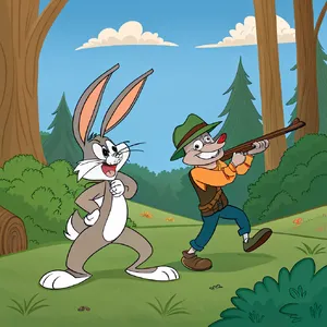 A Looney Tunes-inspired cartoon scene of a clever rabbit tricking a hunter. - Recraft Recraft V3