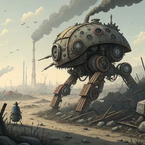 A mechanical creature in a polluted landscape. Capture the visual aesthetic of 'Nausicaä' by Studio Ghibli, with Miyazaki's mechanical designs and environmental contrast. - Recraft Recraft V3