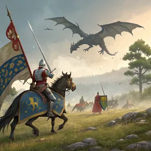 A medieval battlefield with knights on horseback and a dragon flying overhead. - Recraft Recraft V3