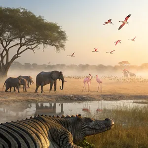 A misty dawn at an African savanna watering hole where elephants, lions, and zebras coexist in tense harmony, with a crocodile partially submerged in the foreground and flamingos taking flight in the background, golden hour lighting. - Recraft Recraft V3