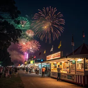 A nighttime festival with fireworks in the sky, food stalls lined up, and crowds mingling. - Recraft Recraft V3