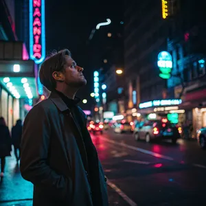 A nighttime portrait of a man lit by neon signs on a city street. - Recraft Recraft V3