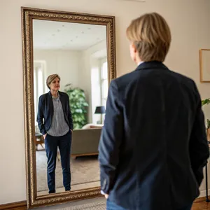 A person standing before a mirror, with their front and reflected back both visible. - Recraft Recraft V3