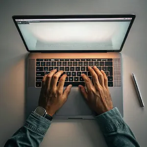 A person typing on a laptop keyboard, showing both hands on the keys. - Recraft Recraft V3