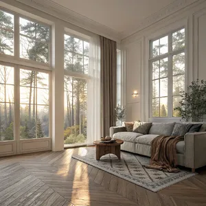 A photorealistic interior of a modern Scandinavian-style living room with natural light streaming through floor-to-ceiling windows. Show detailed wood textures, fabric materials, and proper light reflections. - Recraft Recraft V3