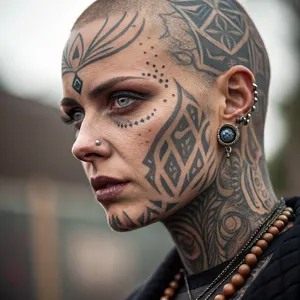 A portrait of a person with elaborate facial tattoos and piercings, shown in sharp detail. - Recraft Recraft V3