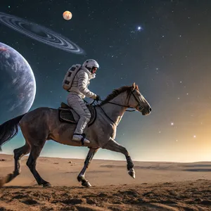 A realistic astronaut being ridden by a horse, photorealistic depiction in outer space with accurate lighting and proportions - Recraft Recraft V3
