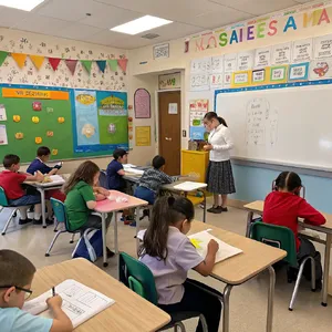 A school classroom of children and a teacher, each student engaged in a different activity. - Recraft Recraft V3