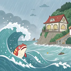 A sea creature rising from a stormy ocean near a village. Replicate the visual style of 'Ponyo' by Studio Ghibli, with Miyazaki's fluid water animations and vibrant creatures. - Recraft Recraft V3