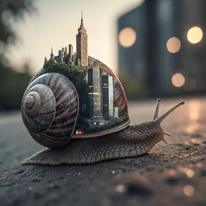 A snail whose shell contains a miniature city skyline, depicted in a hyperrealistic macro photography style with intricate architectural details and ambient lighting. - Recraft Recraft V3