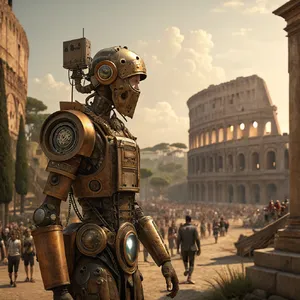 A steampunk robot time-traveling in ancient Rome, depicted in a detailed cinematic style that blends historical accuracy with copper and brass retrofuturistic aesthetics. - Recraft Recraft V3