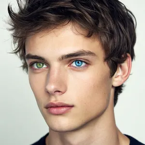 A studio headshot of a young man with one blue eye and one green eye (heterochromia). - Recraft Recraft V3