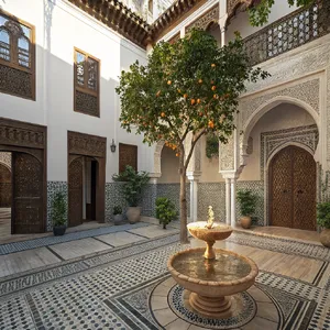 A traditional Moroccan riad courtyard with detailed zellige tilework, flowing fountain, citrus trees, and ornate woodwork. Morning light casting intricate shadow patterns. - Recraft Recraft V3