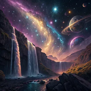 A waterfall that pours out stars and galaxies instead of water, illustrated in a cosmic fantasy style with vibrant space colors and dramatic lighting effects. - Recraft Recraft V3