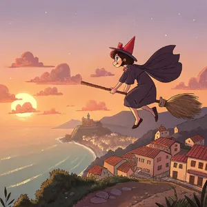 A young witch flying on a broomstick above a coastal town at sunset. Exact art style of 'Kiki's Delivery Service' by Studio Ghibli, with Miyazaki's character design and warm colors. - Recraft Recraft V3
