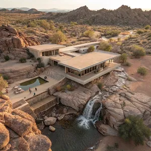 Aerial view of a modernist desert home, in the style of Frank Lloyd Wright's Fallingwater but adapted to desert conditions. Show integration with rocky landscape and water features. - Recraft Recraft V3