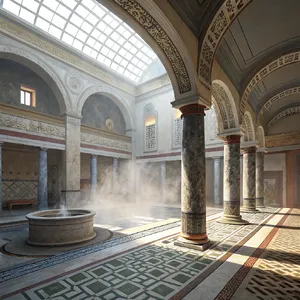 An ancient Roman bathhouse interior with accurate architectural details - marble columns, mosaic floors, arched ceilings, and steam rising from pools. Natural light from oculus openings. - Recraft Recraft V3