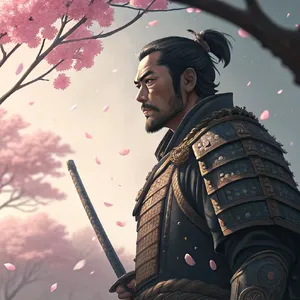 An anime-style portrait of a samurai standing under pink cherry blossoms. - Recraft Recraft V3