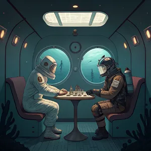 An astronaut and a deep-sea diver playing chess together inside a submarine. - Recraft Recraft V3
