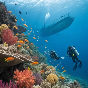 An underwater scene with scuba divers exploring a coral reef alongside colorful fish and a sunken ship. - Recraft Recraft V3