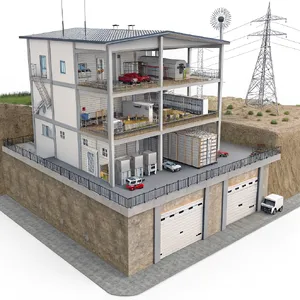 Cross-section rendering of a multi-level underground bunker with different functional areas, structural support systems, ventilation, and power generation facilities visible. - Recraft Recraft V3