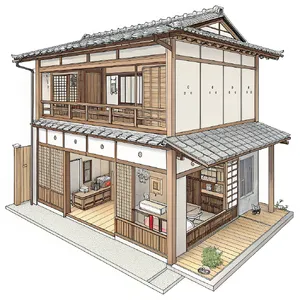 Cutaway architectural drawing of a traditional Japanese machiya townhouse showing all rooms and structural elements. Include accurate proportions, traditional joinery, and typical spatial organization. - Recraft Recraft V3