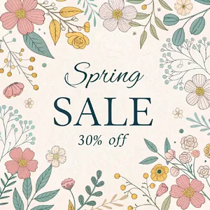 Instagram post graphic: 'SPRING SALE 30% OFF'. Floral background, pastel colors, elegant serif font style visually integrated. - Recraft Recraft V3