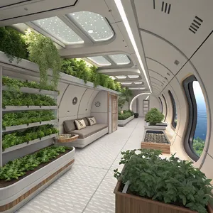 Interior of a futuristic space habitat with hydroponics gardens, communal areas, and living quarters. Show curved walls, artificial gravity considerations, and multipurpose furniture designs. - Recraft Recraft V3