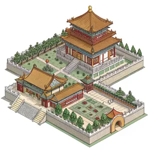 Isometric architectural illustration of an ancient Chinese temple complex showing multiple pavilions, gardens, and ceremonial spaces. Include proper roof structures and traditional ornamentation. - Recraft Recraft V3