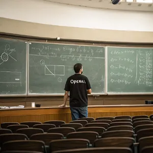 Photorealistic depiction of a man wearing a clearly visible black OpenAI-branded T-shirt. He is standing at the front of a university lecture hall, writing complex mathematics and AI-related equations across a large, dusty chalkboard filled with notation - Recraft Recraft V3