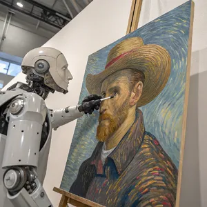 Photorealistic image of a robot painting a realistic self-portrait (i.e. the robot) on canvas, mimicking Van Gogh’s art style; clear, realistic metallic textures and painting details visible - Recraft Recraft V3