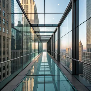 Photorealistic rendering of a contemporary glass skybridge between two skyscrapers, seen from inside with city views visible through glass walls and floor. Show accurate reflections and structural details. - Recraft Recraft V3